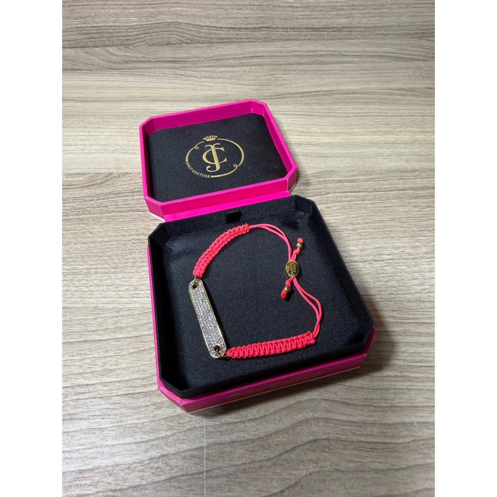 Juicy‎ Couture Pink Woven Cord Pave Crystal ID Bar Adjustable Bracelet with Box